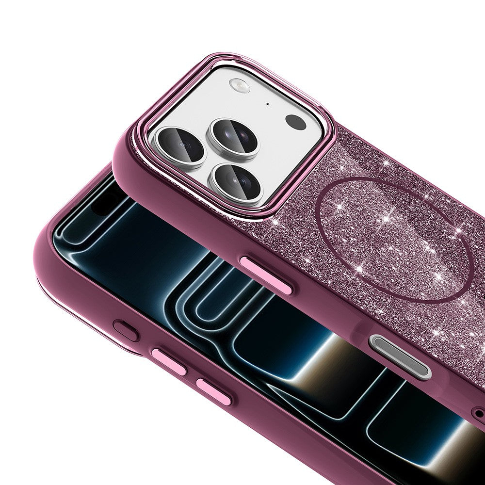 Apple iPhone 18 Pro Max Kılıf M-safe Şarj Özellikli Parlayan Simli Okso Kapak Bordo