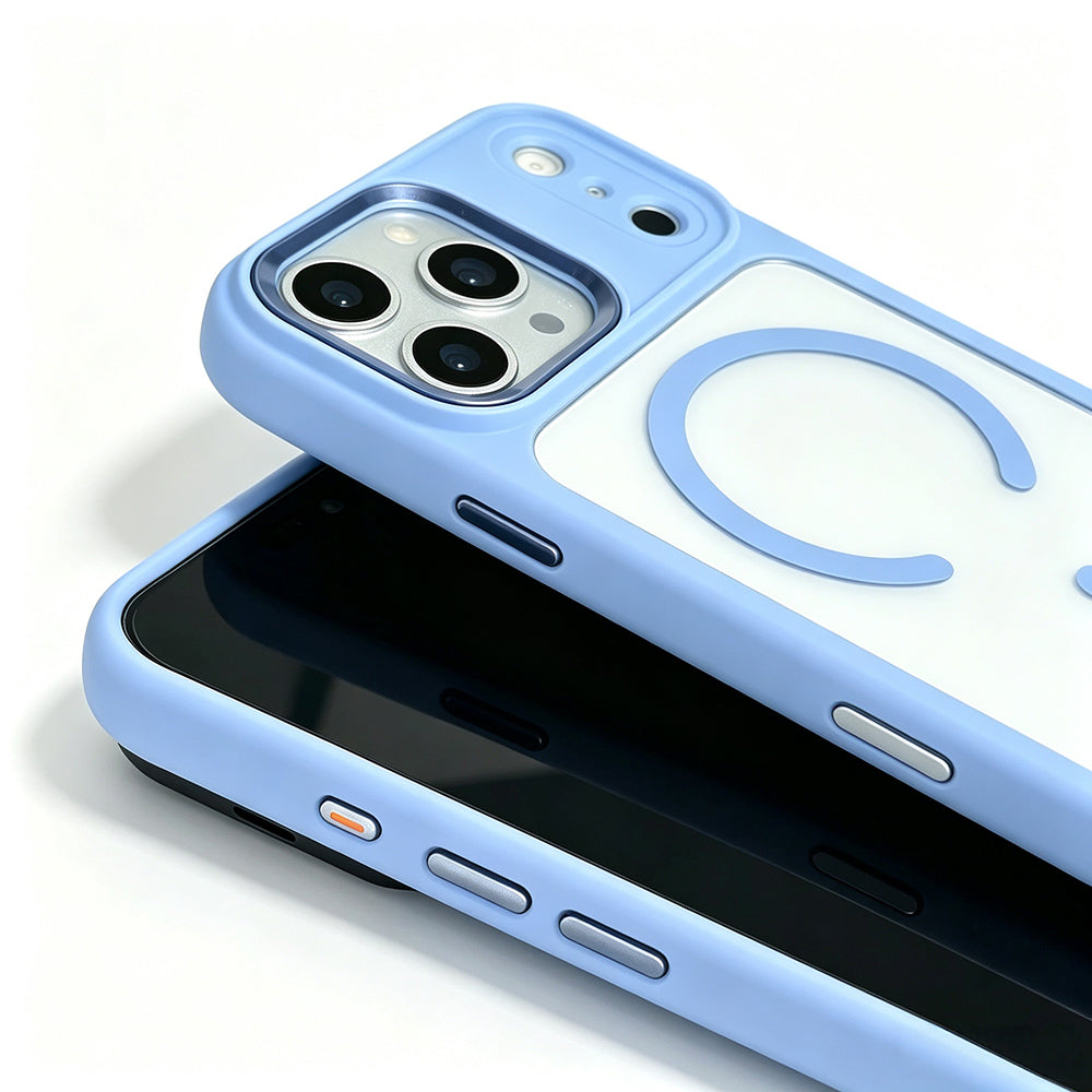 Apple iPhone 18 Pro Max Kılıf Wireless Şarj Özellikli Zore Krom M-safe Silikon Kapak Açık Mavi