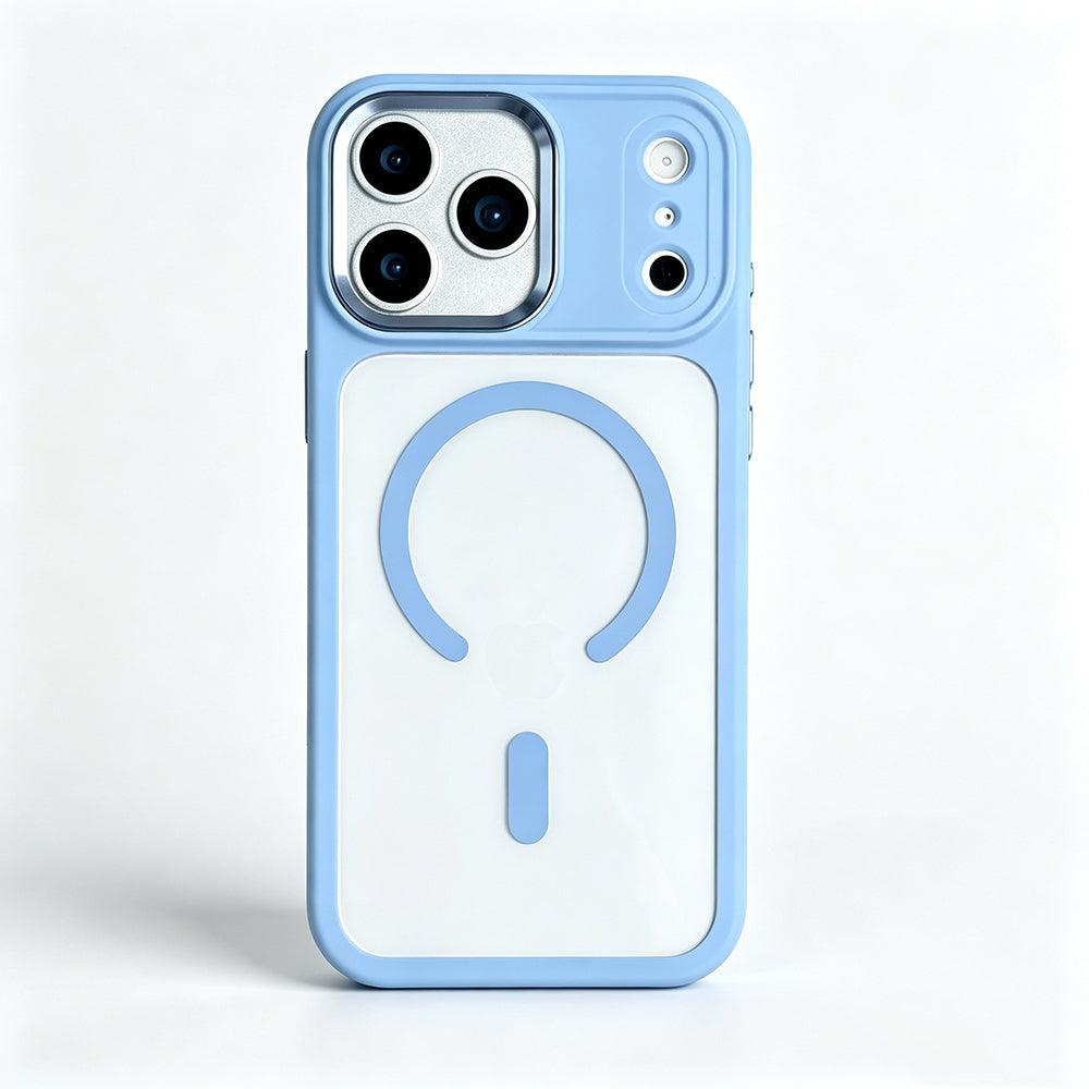 Apple iPhone 18 Pro Max Kılıf Wireless Şarj Özellikli Zore Krom M-safe Silikon Kapak Açık Mavi