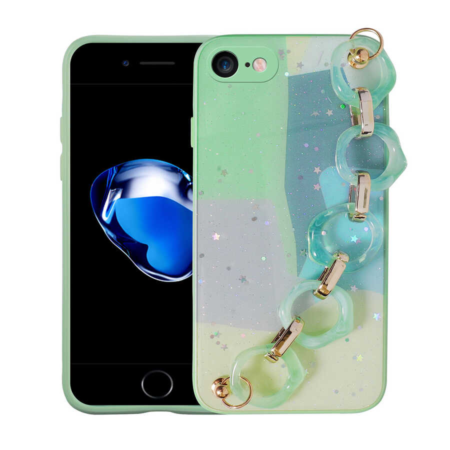 Apple iPhone 7 Kılıf Simli Desenli El Askılı Tutacaklı Zore Elsa Silikon Kapak Pembe