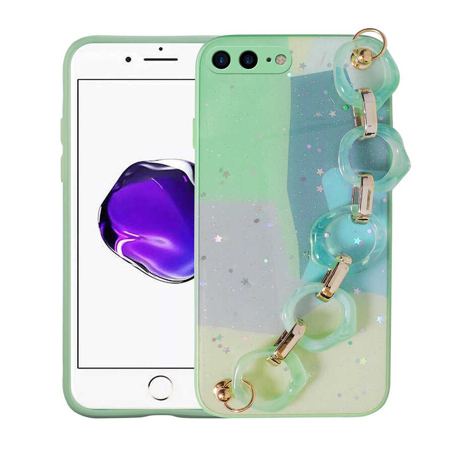Apple iPhone 7 Plus Kılıf Simli Desenli El Askılı Tutacaklı Zore Elsa Silikon Kapak Pembe