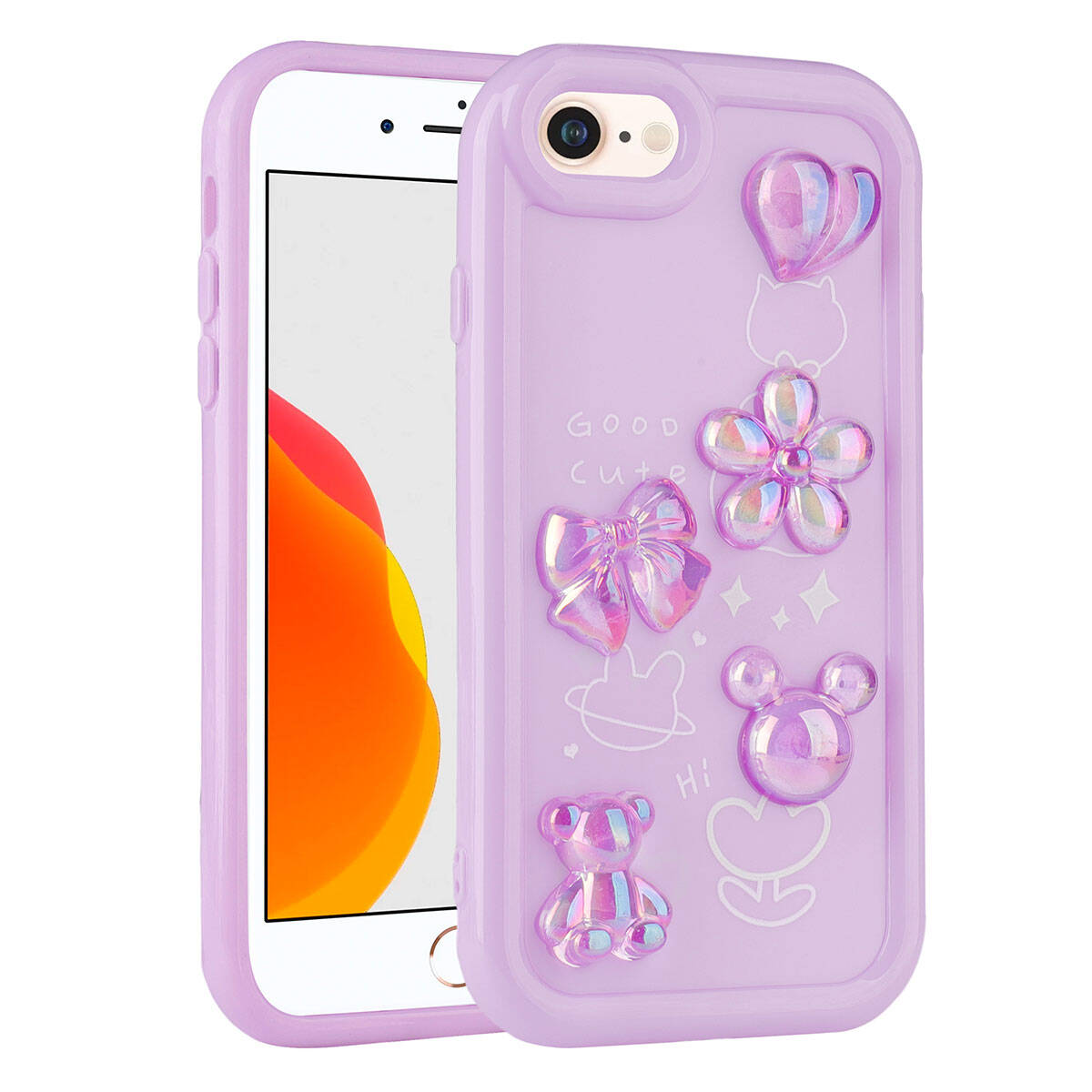 Apple iPhone 8 Kılıf Kabartma Figürlü Parlak Zore Toys Silikon Kapak Mor