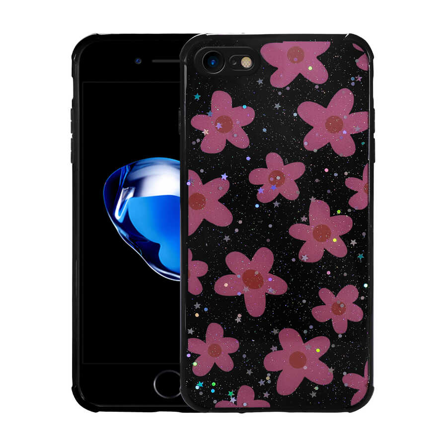 Apple iPhone 8 Kılıf Simli Desenli Kamera Korumalı Parlak Zore Popy Kapak Kalp