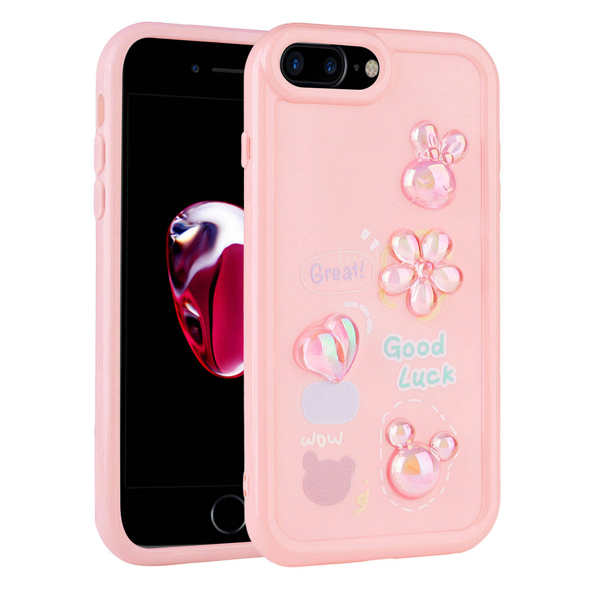 Apple iPhone 8 Plus Kılıf Kabartma Figürlü Parlak Zore Toys Silikon Kapak Pembe