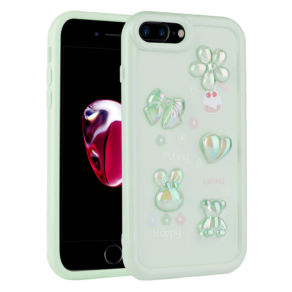Apple iPhone 8 Plus Kılıf Kabartma Figürlü Parlak Zore Toys Silikon Kapak Pembe