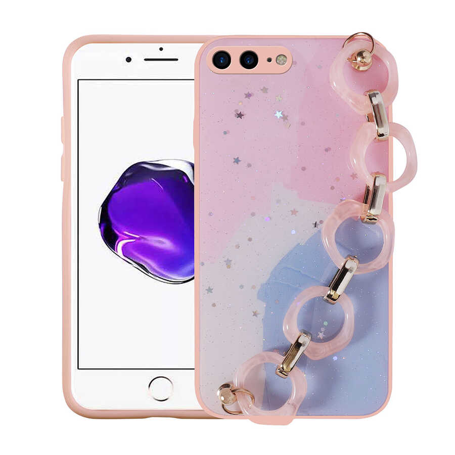 Apple iPhone 8 Plus Kılıf Simli Desenli El Askılı Tutacaklı Zore Elsa Silikon Kapak Pembe