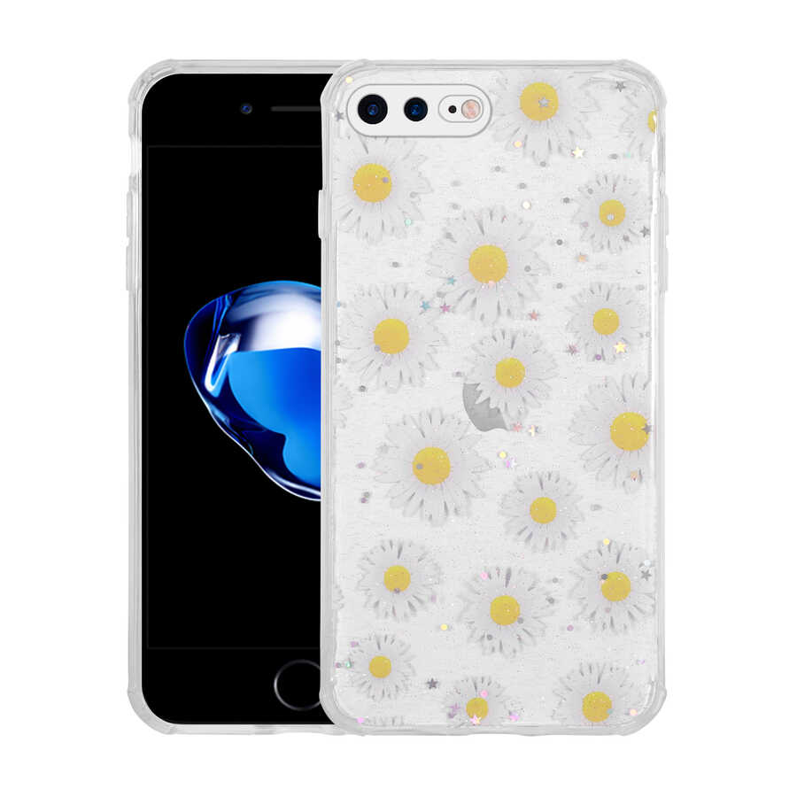 Apple iPhone 8 Plus Kılıf Simli Desenli Kamera Korumalı Parlak Zore Popy Kapak Papatya