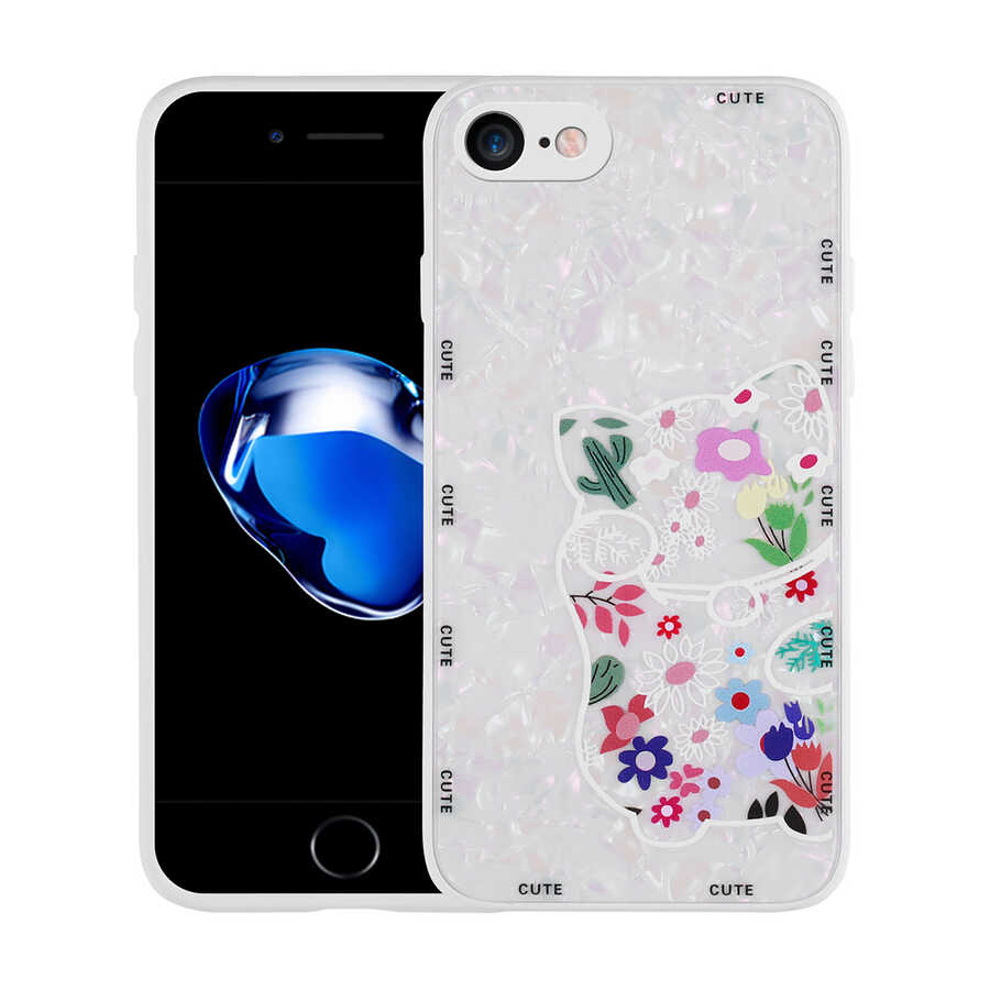 Apple iPhone SE 2020 Kılıf Desenli Sert Silikon Zore Mumila Kapak White Cat