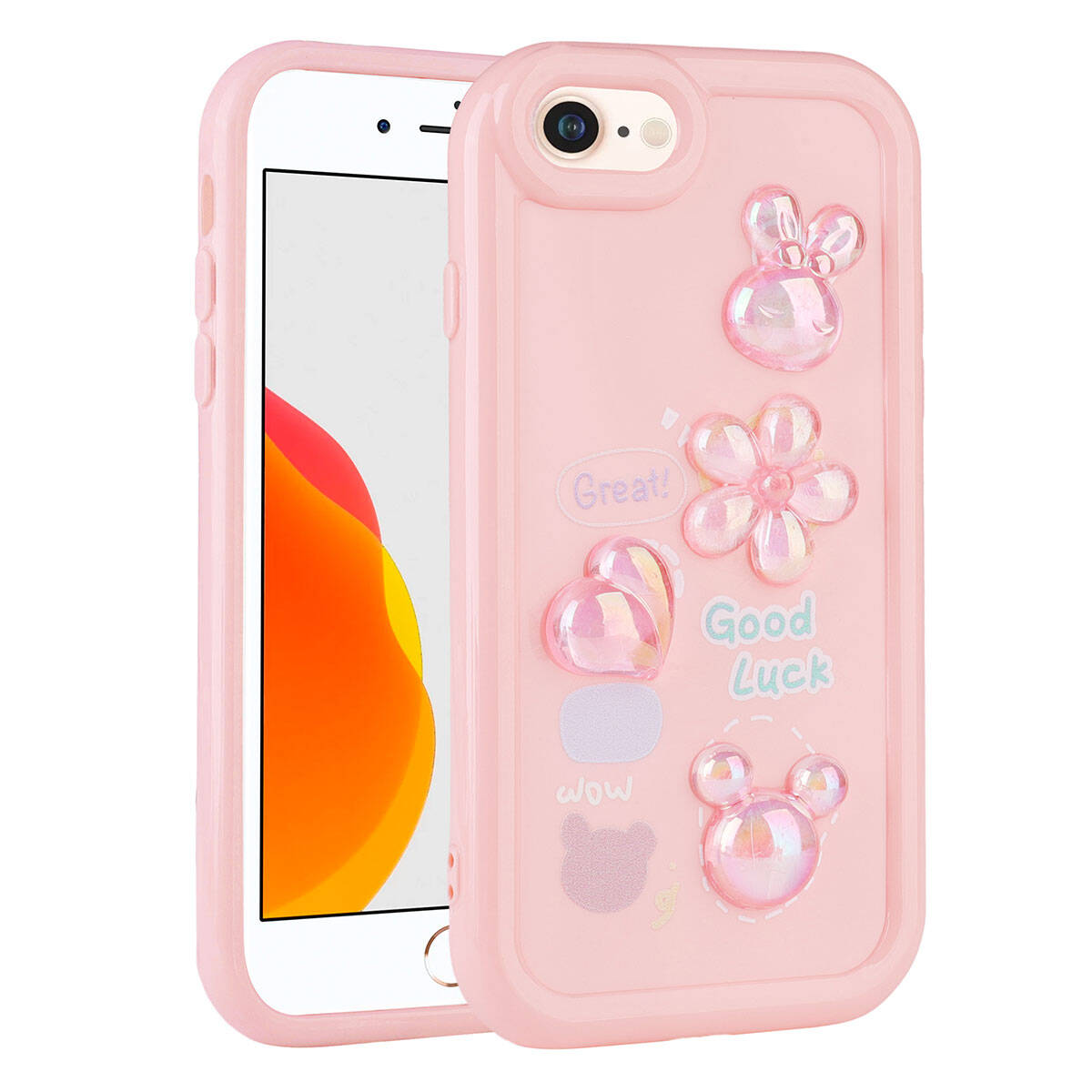 Apple iPhone SE 2020 Kılıf Kabartma Figürlü Parlak Zore Toys Silikon Kapak Pembe