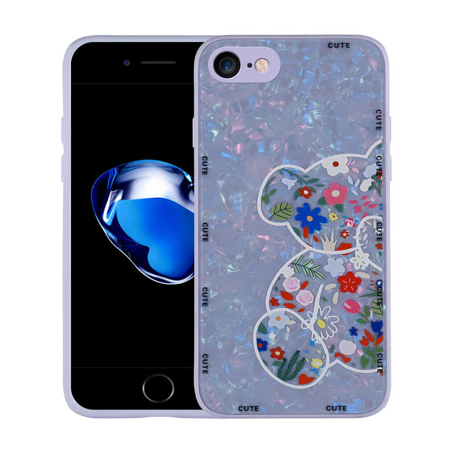 Apple iPhone SE 2022 Kılıf Desenli Sert Silikon Zore Mumila Kapak Lilac Bear