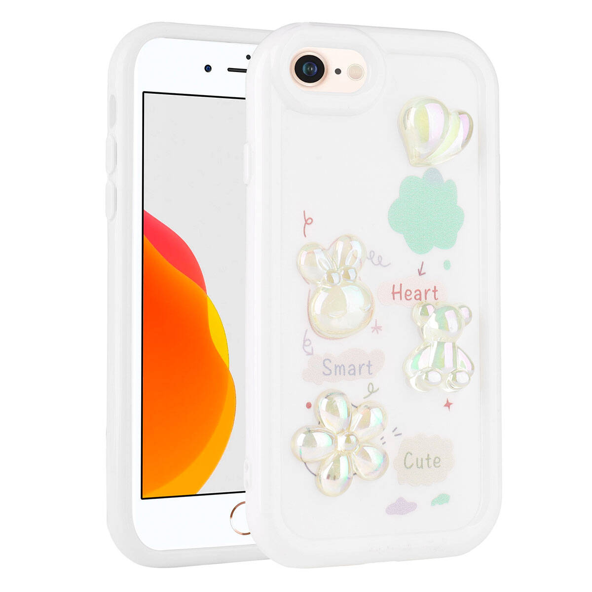 Apple iPhone SE 2022 Kılıf Kabartma Figürlü Parlak Zore Toys Silikon Kapak Beyaz