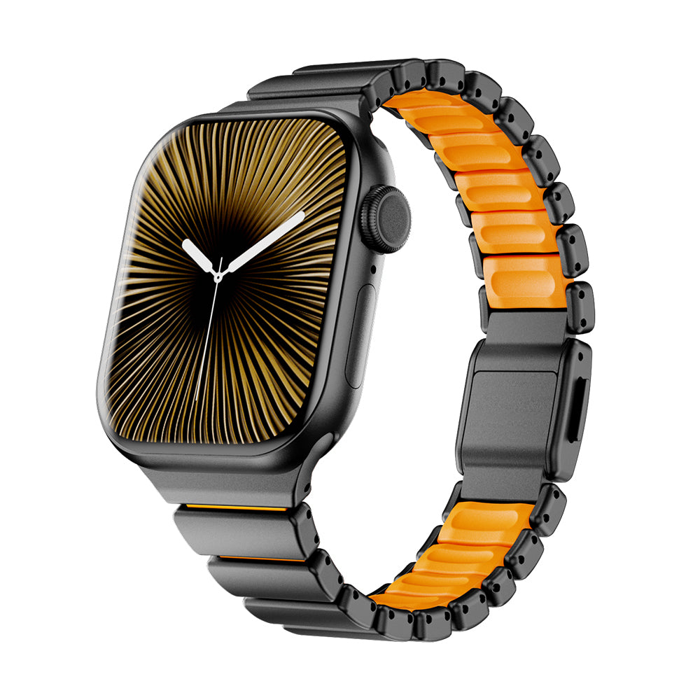 Apple Watch 10 42mm Wolf Dizayn Metal Silikon Kordon Siyah-Turuncu