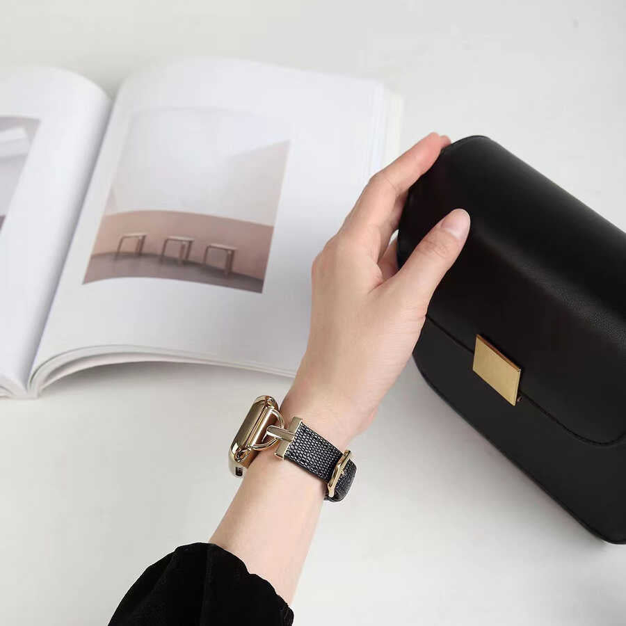 Apple Watch 38mm KRD-53 Deri Kordon Siyah-Gold