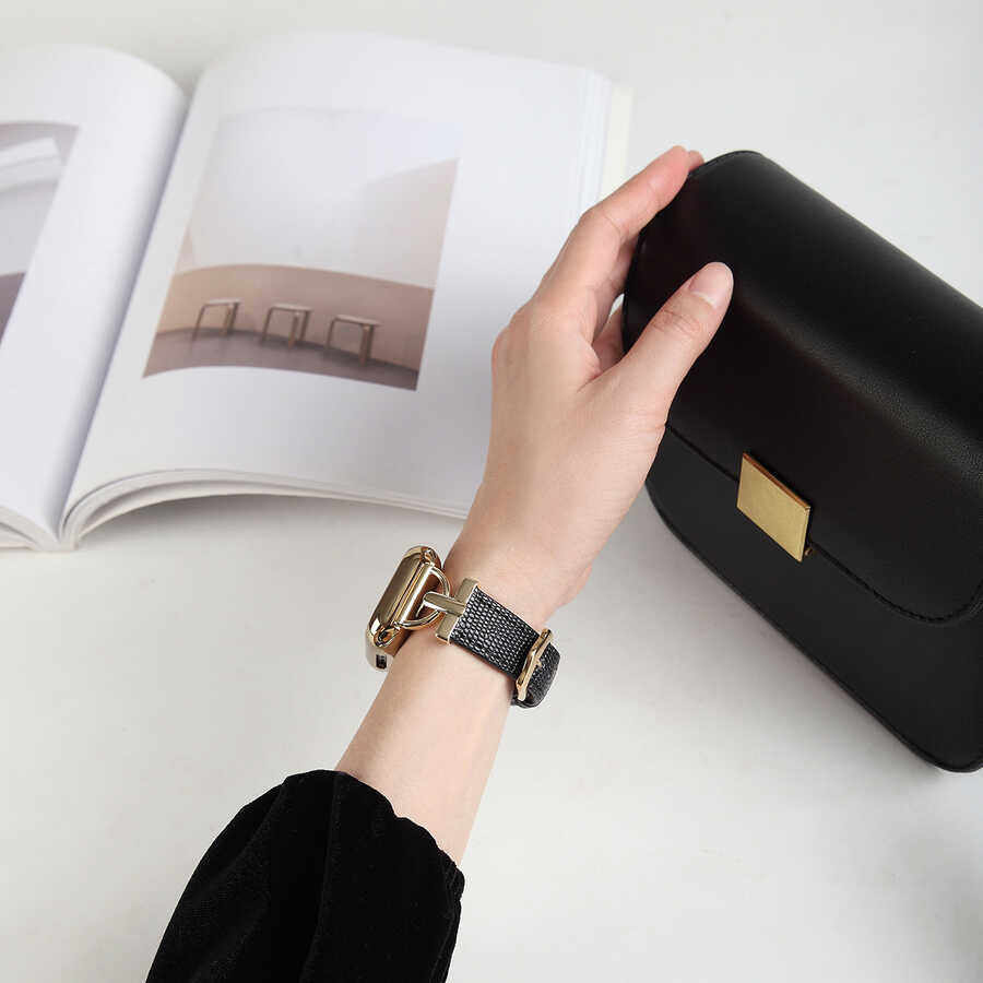 Apple Watch 40mm KRD-53 Deri Kordon Siyah-Gold