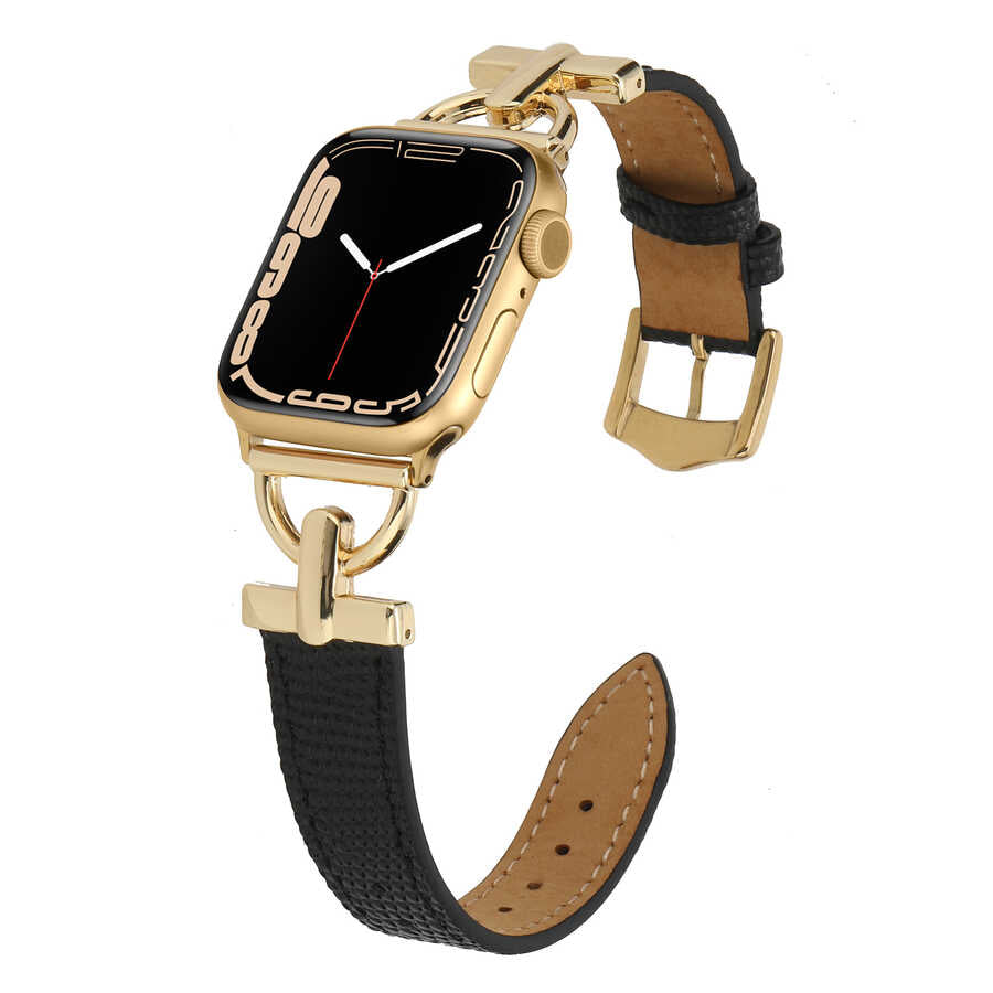 Apple Watch 40mm KRD-53 Deri Kordon Siyah-Gold