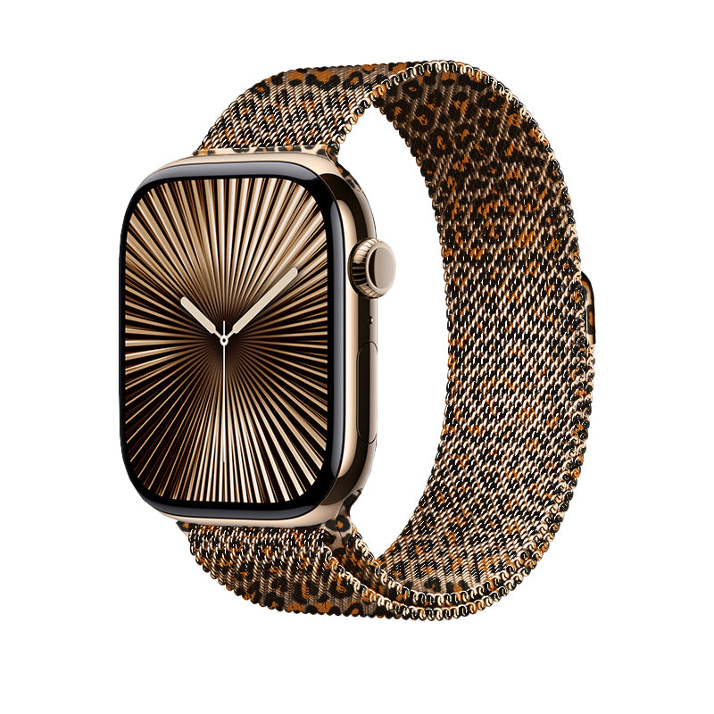 Apple Watch 40mm Zore KRD-01 Leopar Desenli Metal Kordon Sarı-Leopar