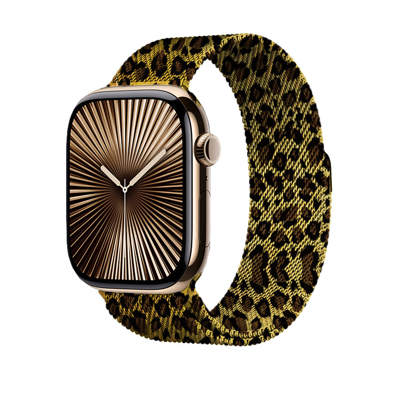 Apple Watch 40mm Zore KRD-01 Leopar Desenli Metal Kordon Sarı-Leopar