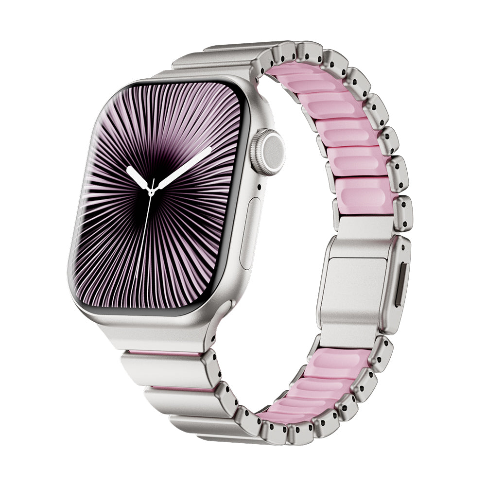Apple Watch 40mm KRD-149 Metal Silikon Kordon Gümüş-Pembe