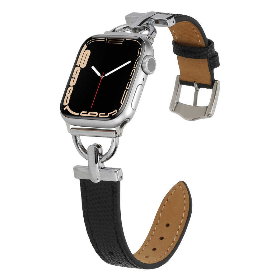 Apple Watch 42mm KRD-53 Deri Kordon Siyah-Gold