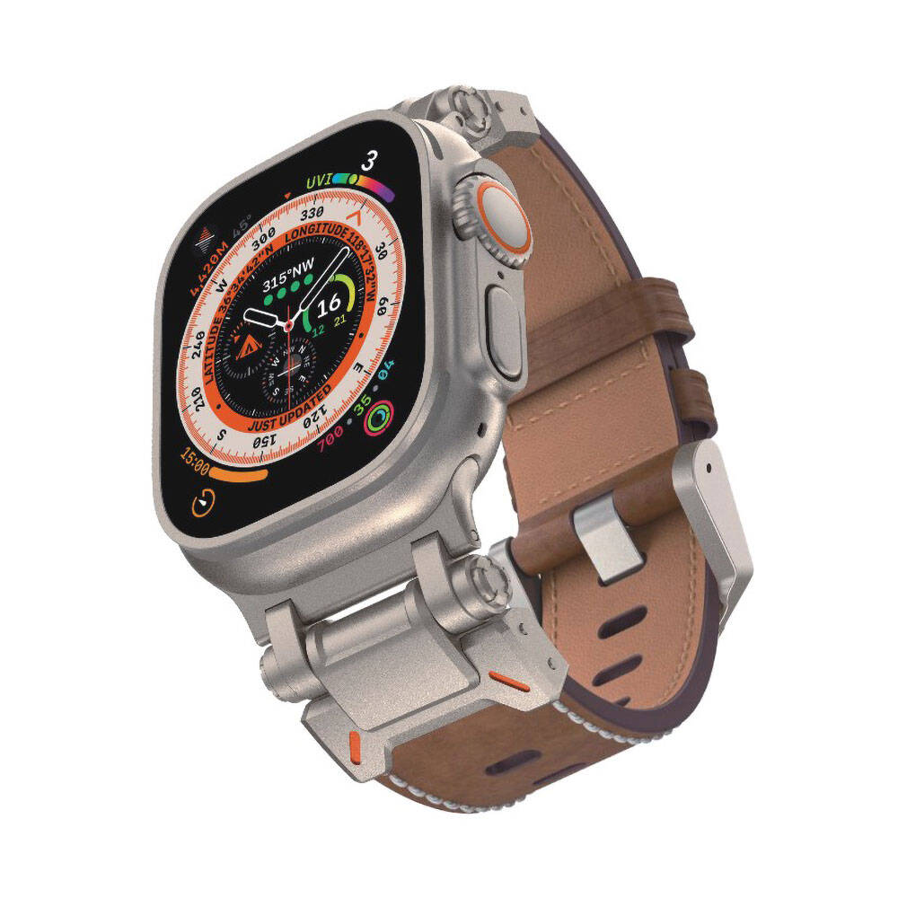 Apple Watch 42mm Zore KRD-114 Metal Başlıklı Suni Deri Kordon Taba