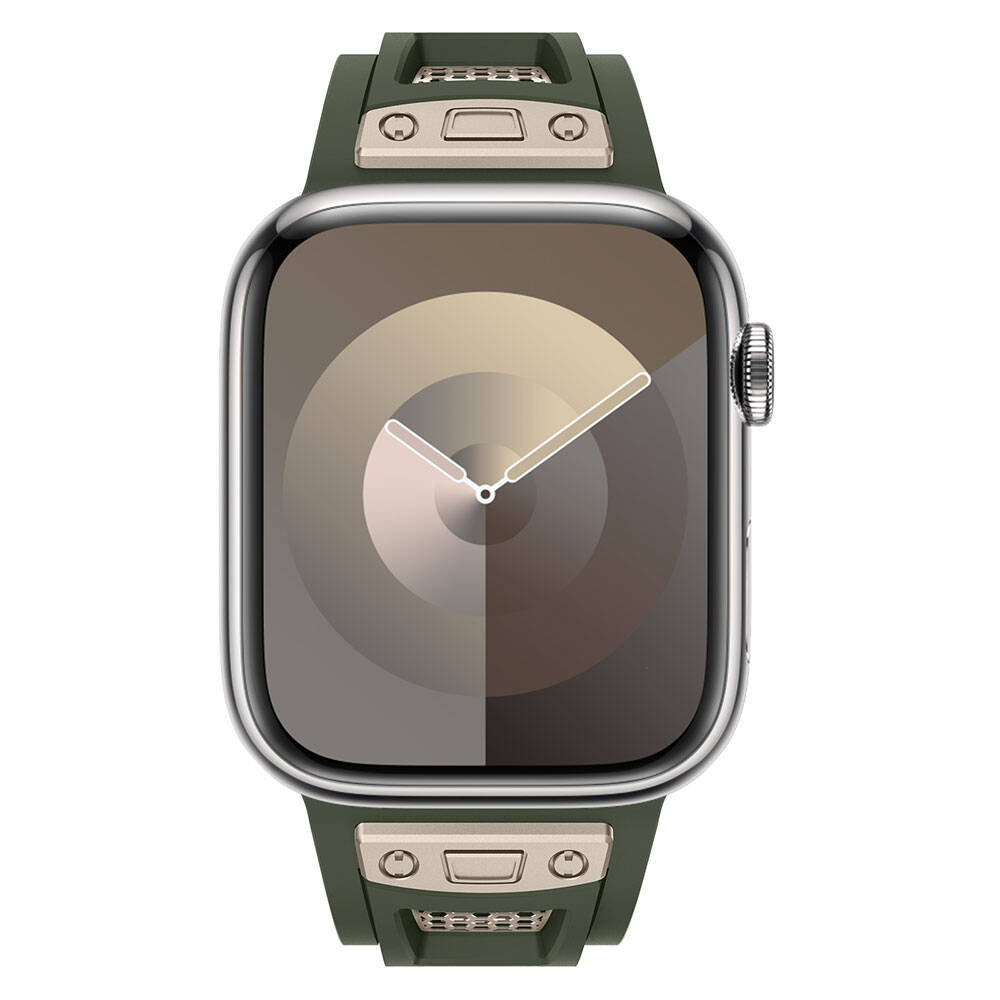Apple Watch 42mm Zore KRD-117 Hava Alabilen Delikli Metal Süslemeli Desenli Silikon Kordon Titanyum-Yeşil