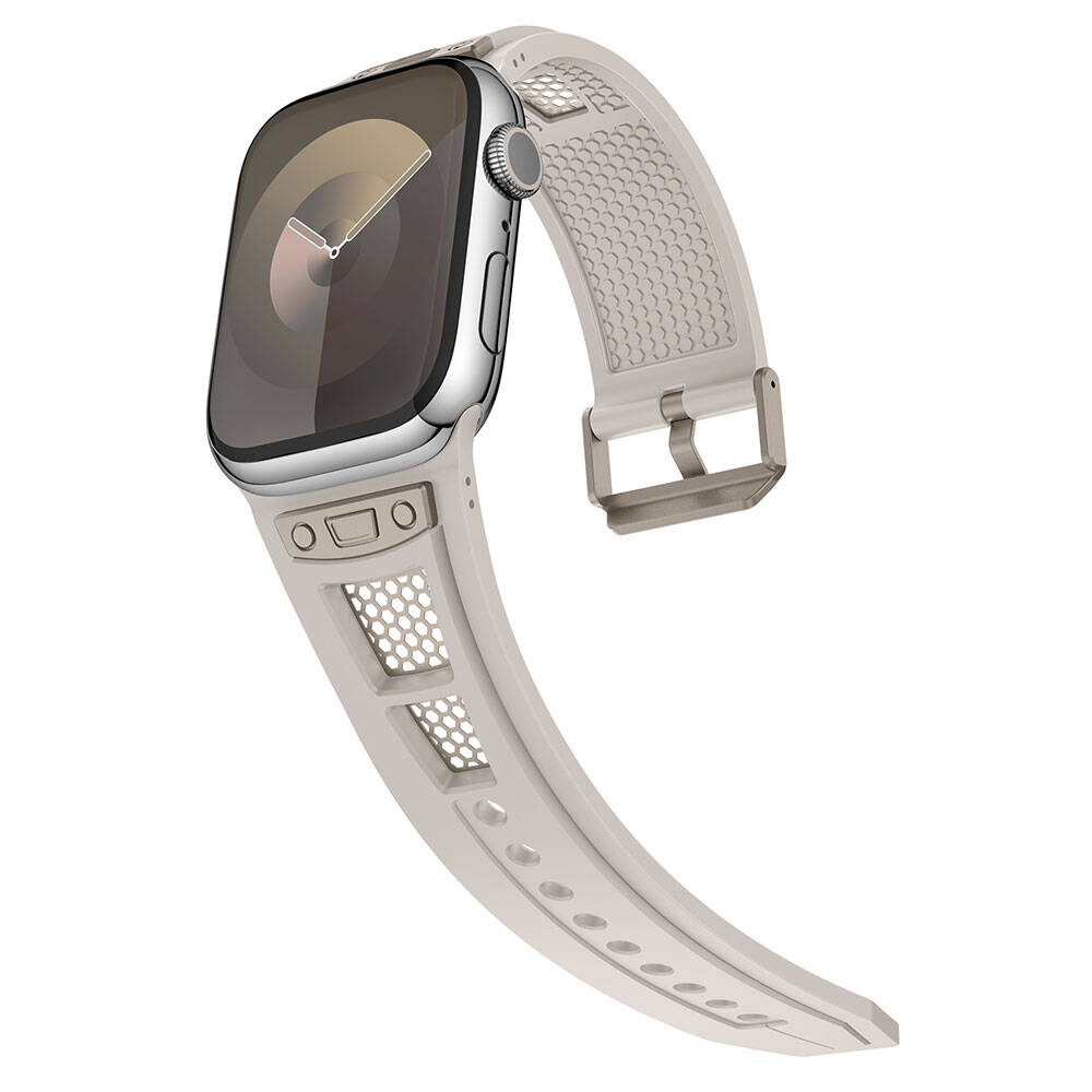 Apple Watch 42mm Zore KRD-117 Hava Alabilen Delikli Metal Süslemeli Desenli Silikon Kordon Titanyum-Siyah