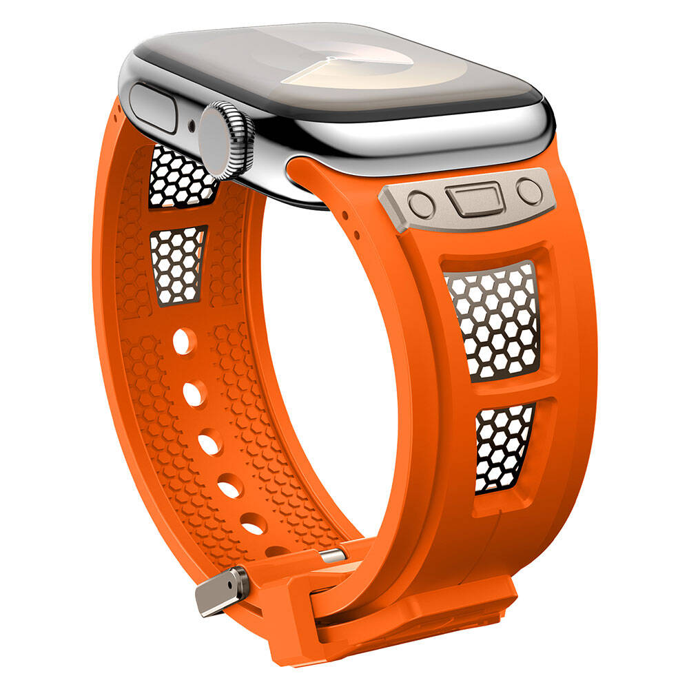 Apple Watch 42mm Zore KRD-117 Hava Alabilen Delikli Metal Süslemeli Desenli Silikon Kordon Titanyum-Yeşil
