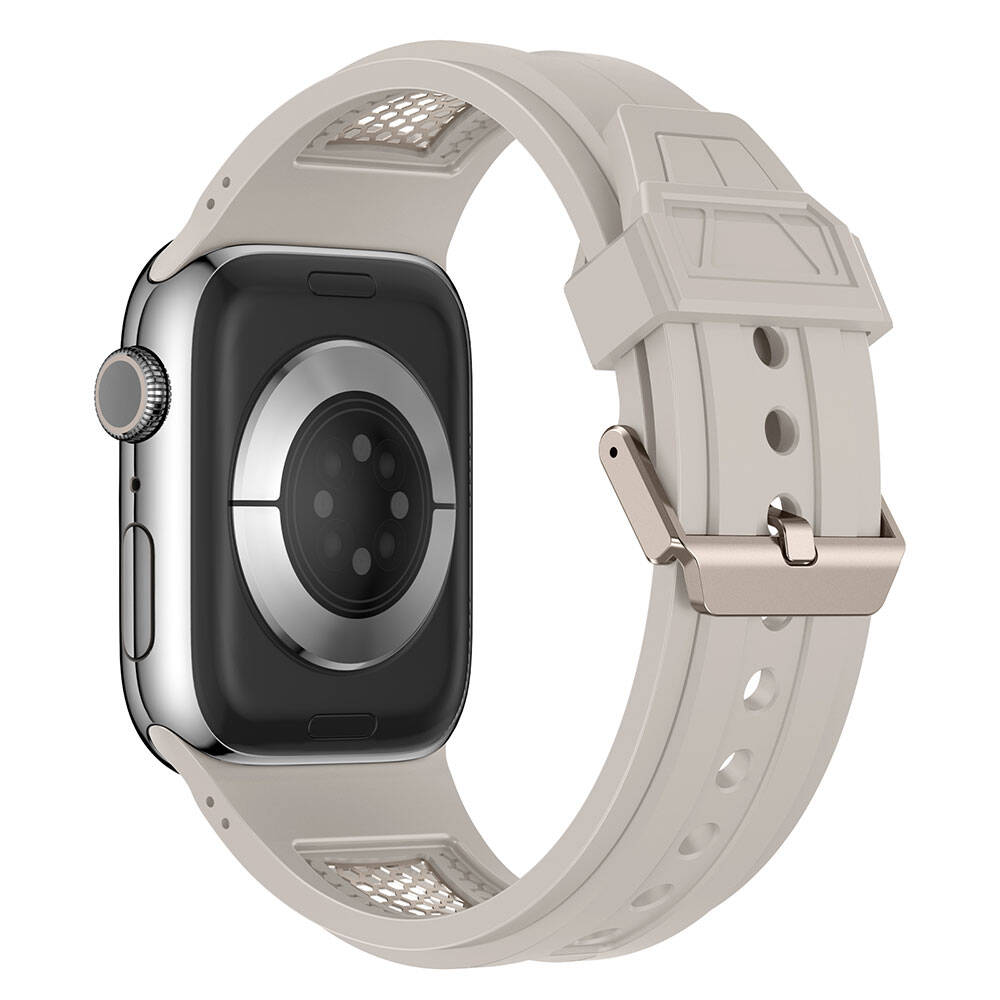 Apple Watch 42mm Zore KRD-117 Hava Alabilen Delikli Metal Süslemeli Desenli Silikon Kordon Titanyum-Siyah