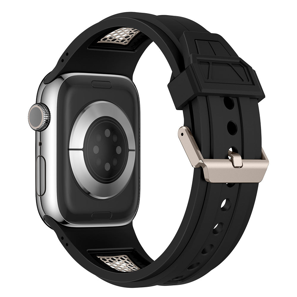 Apple Watch 42mm Zore KRD-117 Hava Alabilen Delikli Metal Süslemeli Desenli Silikon Kordon Titanyum-Yeşil