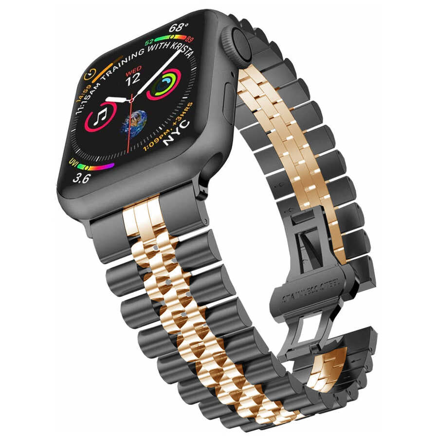 Apple Watch 44mm KRD-36 Metal Kordon Siyah-Rose Gold