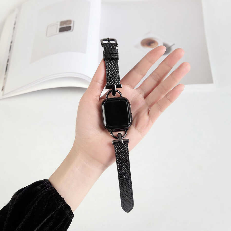 Apple Watch 44mm KRD-53 Deri Kordon Siyah-Gümüş