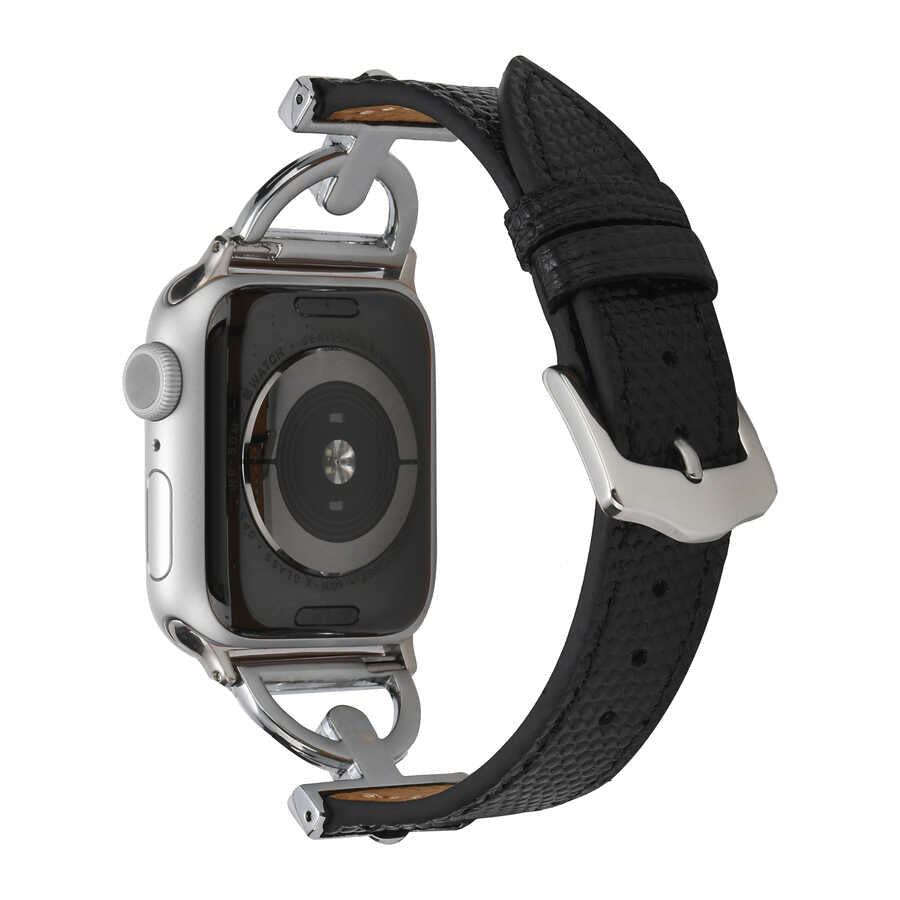 Apple Watch 44mm KRD-53 Deri Kordon Siyah-Gold