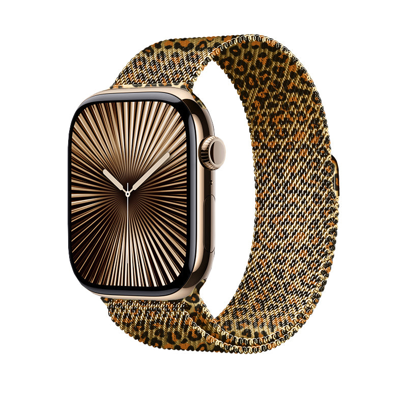 Apple Watch 44mm Zore KRD-01 Leopar Desenli Metal Kordon Gold Leopar