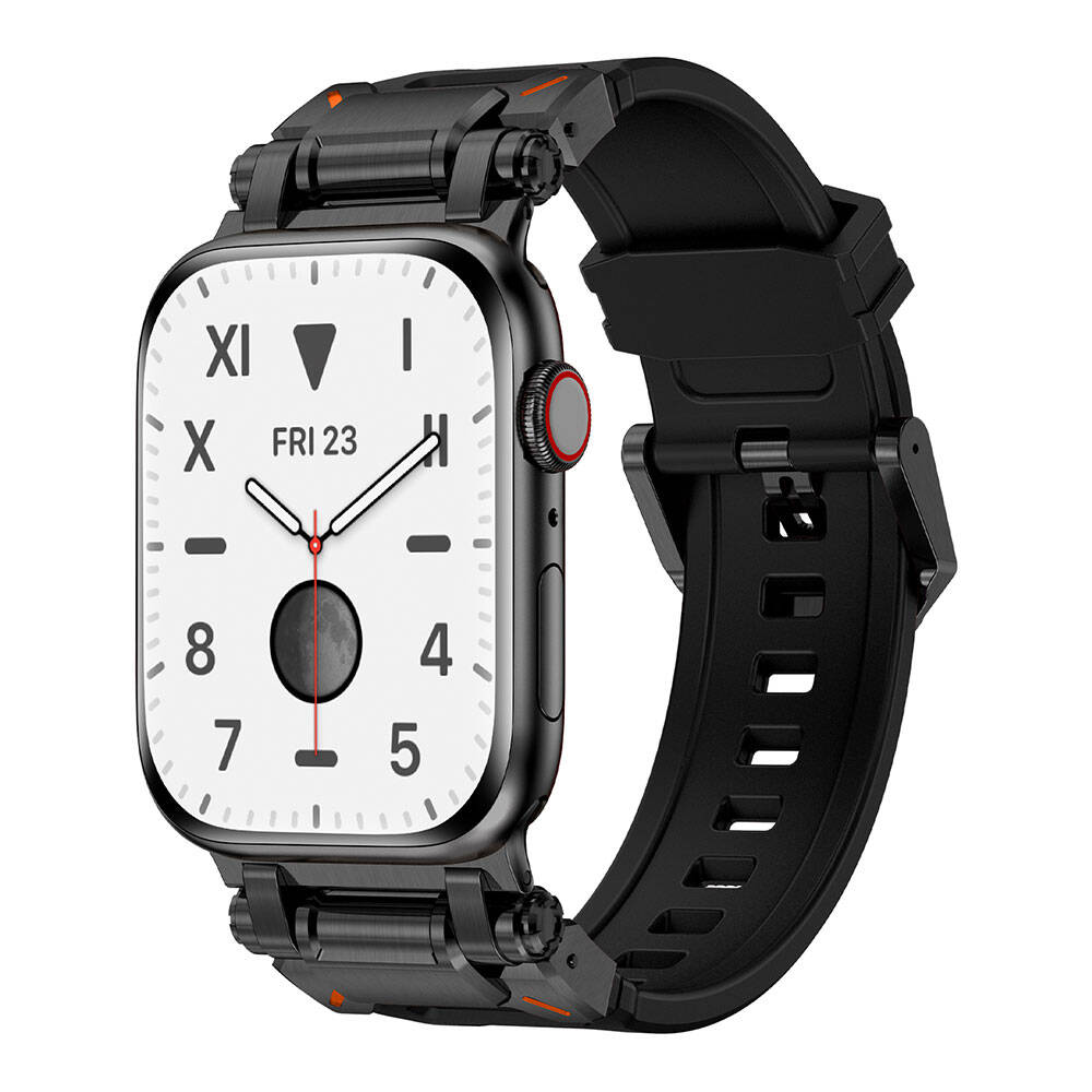 Apple Watch 44mm Zore KRD-101 Titanyum Metal Başlıklı Silikon Kordon Siyah