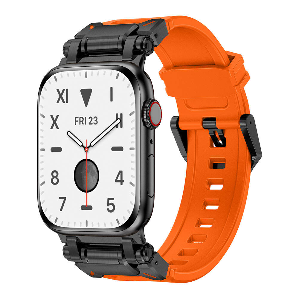 Apple Watch 44mm Zore KRD-101 Titanyum Metal Başlıklı Silikon Kordon Siyah-Starlight