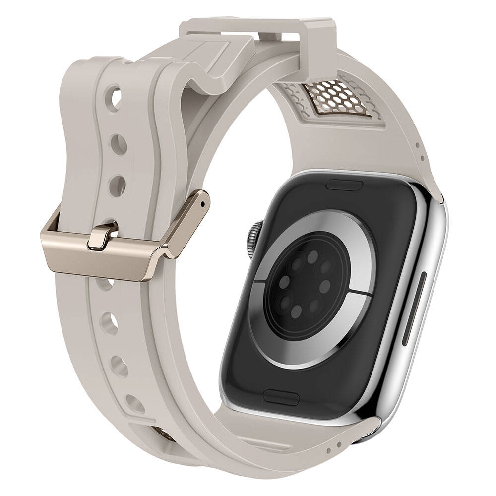 Apple Watch 44mm Zore KRD-117 Hava Alabilen Delikli Metal Süslemeli Desenli Silikon Kordon Titanyum-Siyah