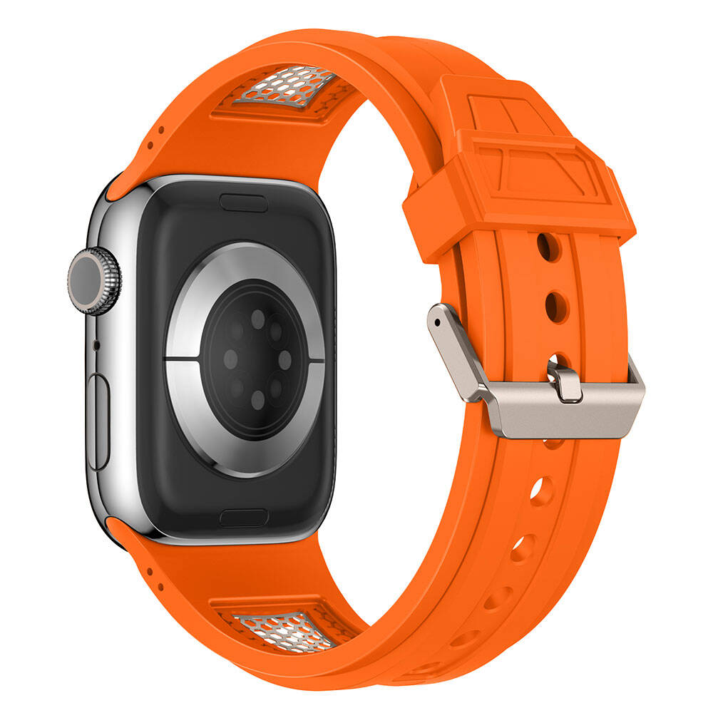 Apple Watch 44mm Zore KRD-117 Hava Alabilen Delikli Metal Süslemeli Desenli Silikon Kordon Titanyum-Siyah