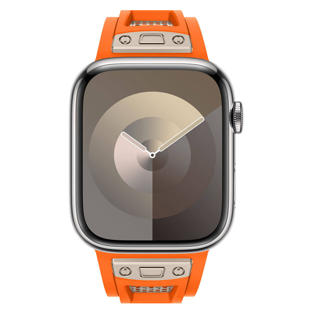 Apple Watch 44mm Zore KRD-117 Hava Alabilen Delikli Metal Süslemeli Desenli Silikon Kordon Titanyum-Starlight