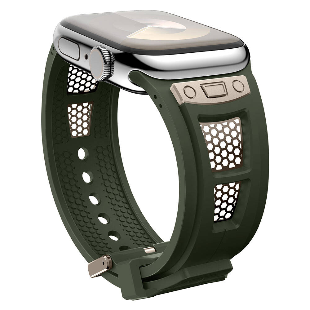 Apple Watch 44mm Zore KRD-117 Hava Alabilen Delikli Metal Süslemeli Desenli Silikon Kordon Titanyum-Siyah