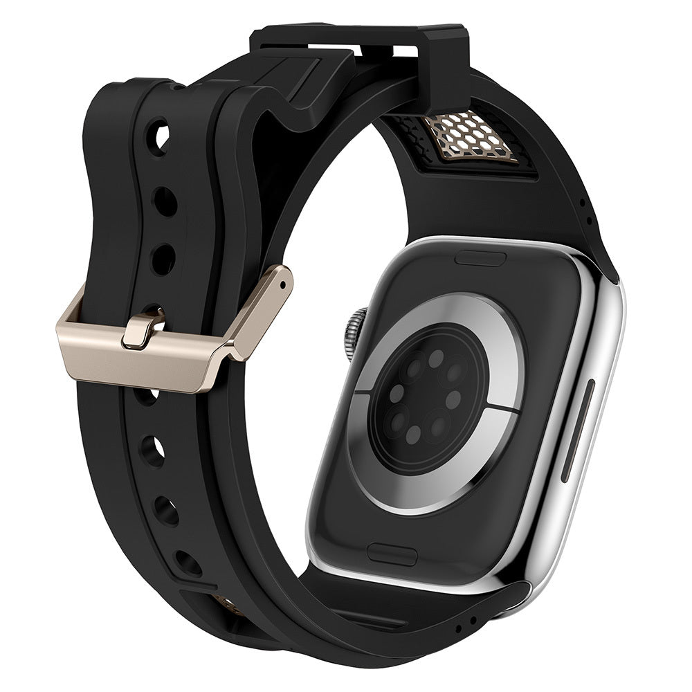 Apple Watch 44mm Zore KRD-117 Hava Alabilen Delikli Metal Süslemeli Desenli Silikon Kordon Titanyum-Starlight