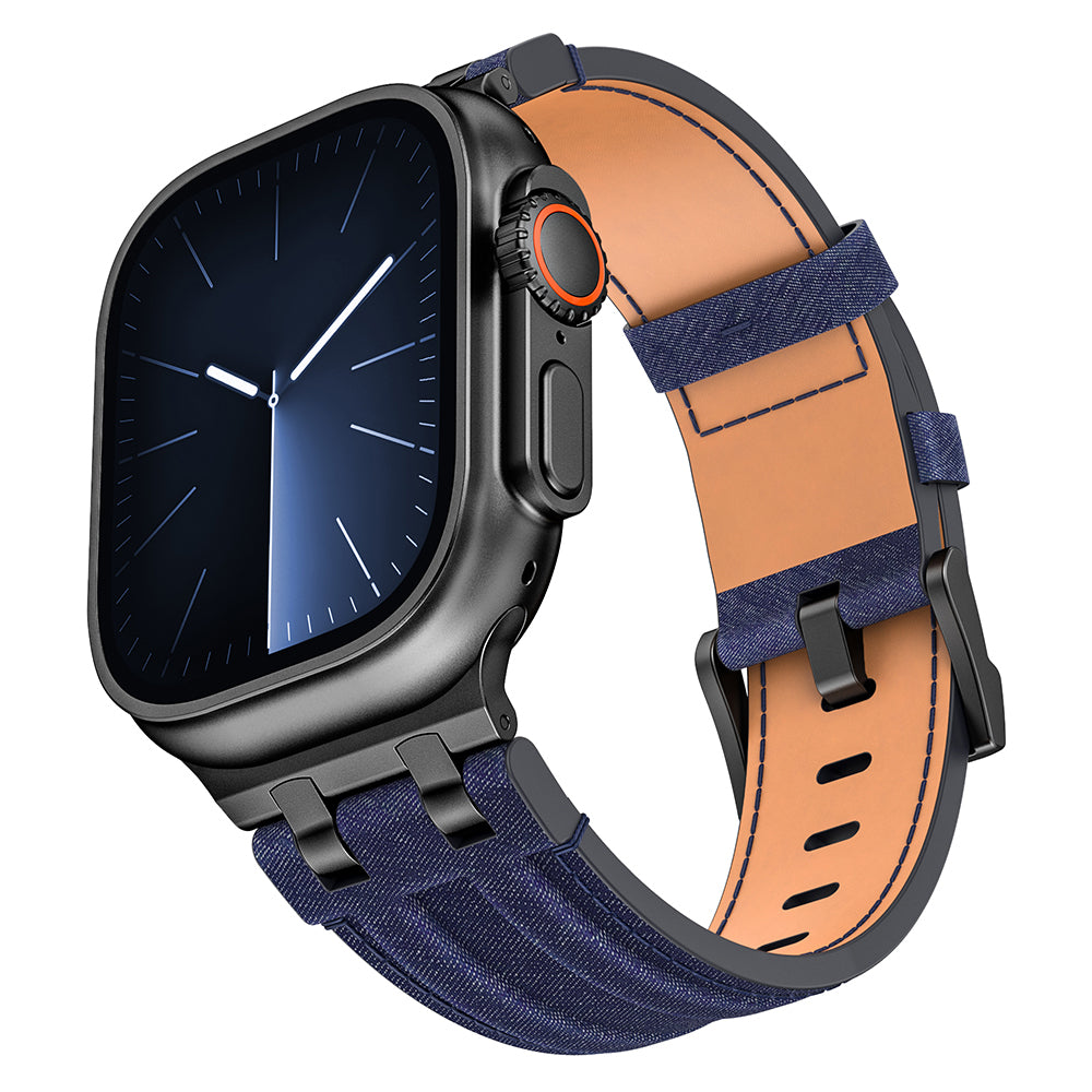 Apple Watch 44mm KRD-153 Kot Kumaş Tasarımlı Kordon Siyah-Mavi