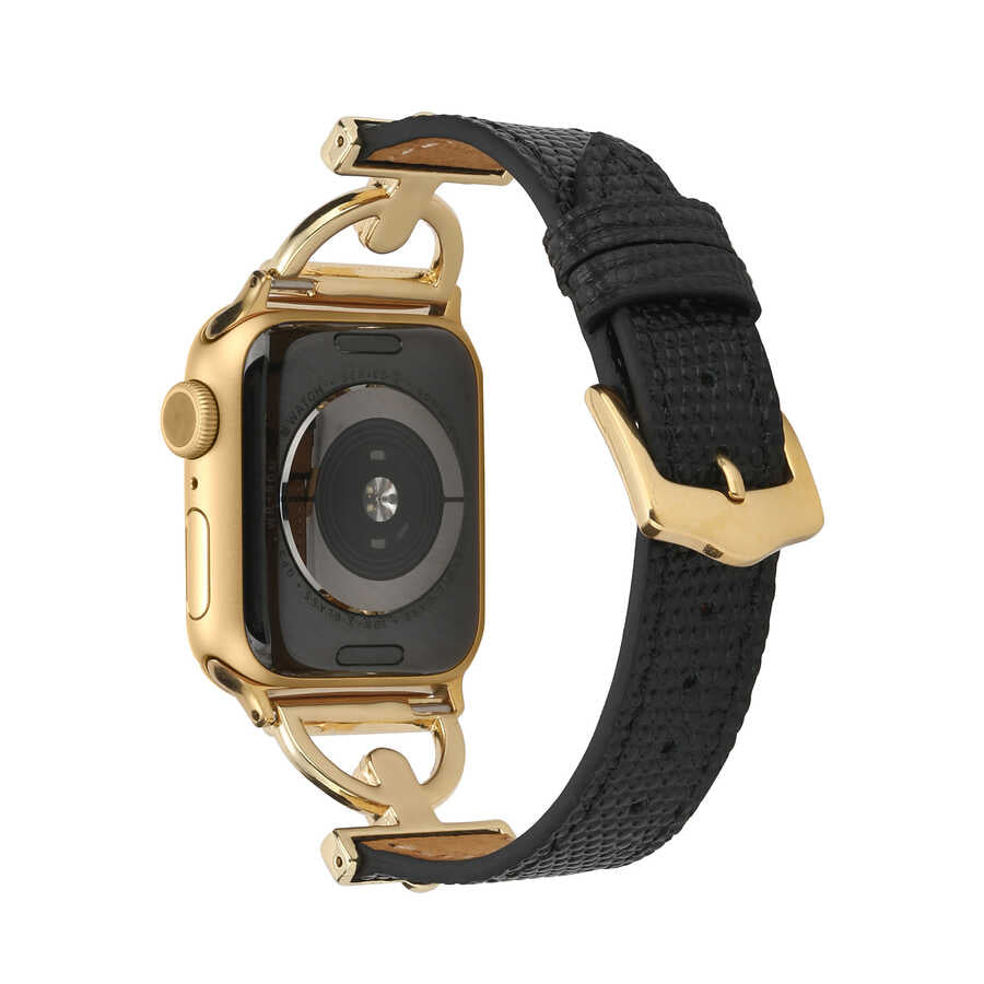 Apple Watch 7 41mm KRD-53 Deri Kordon Siyah-Gold