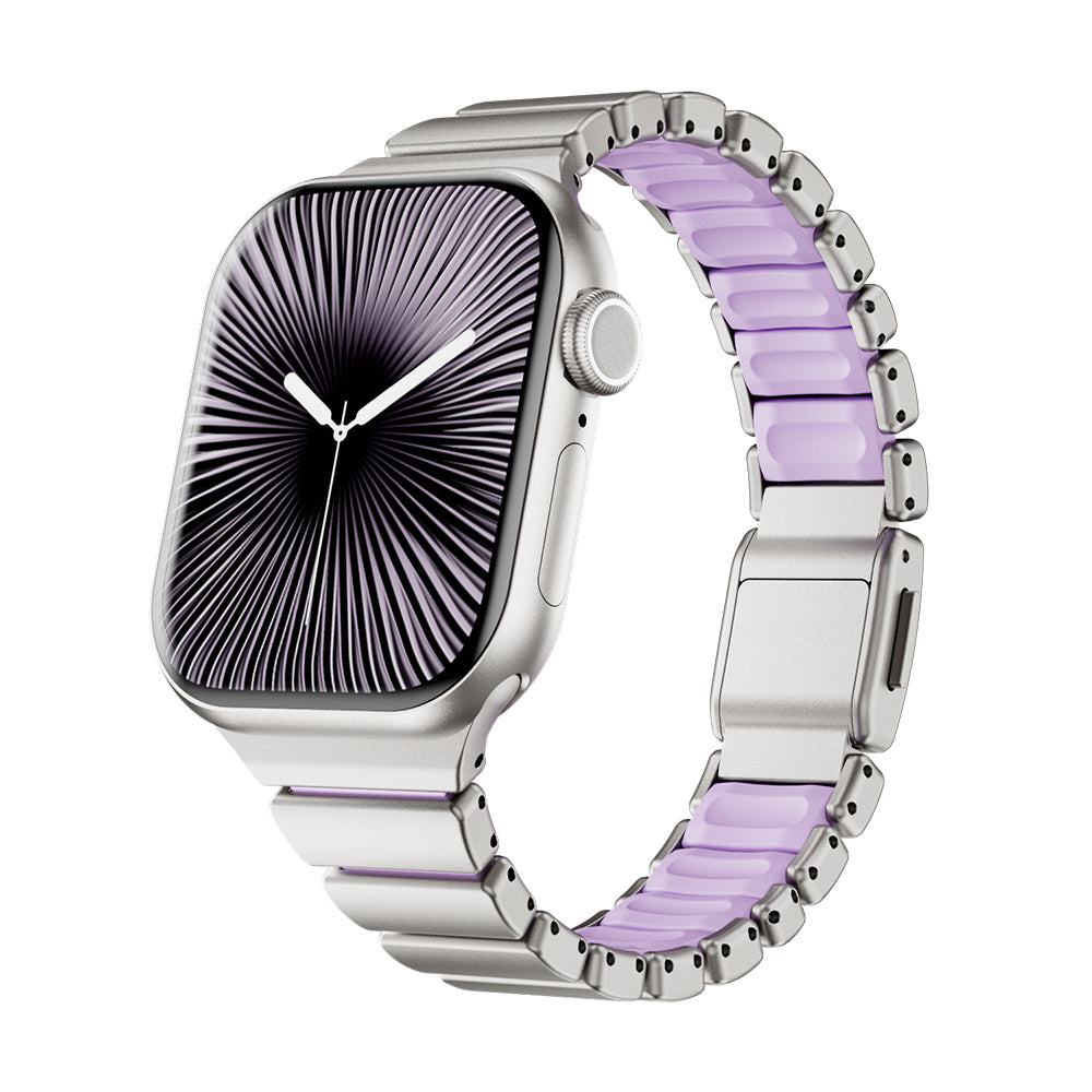 Apple Watch 7 41mm Wolf Dizayn Metal Silikon Kordon Gümüş-Lila