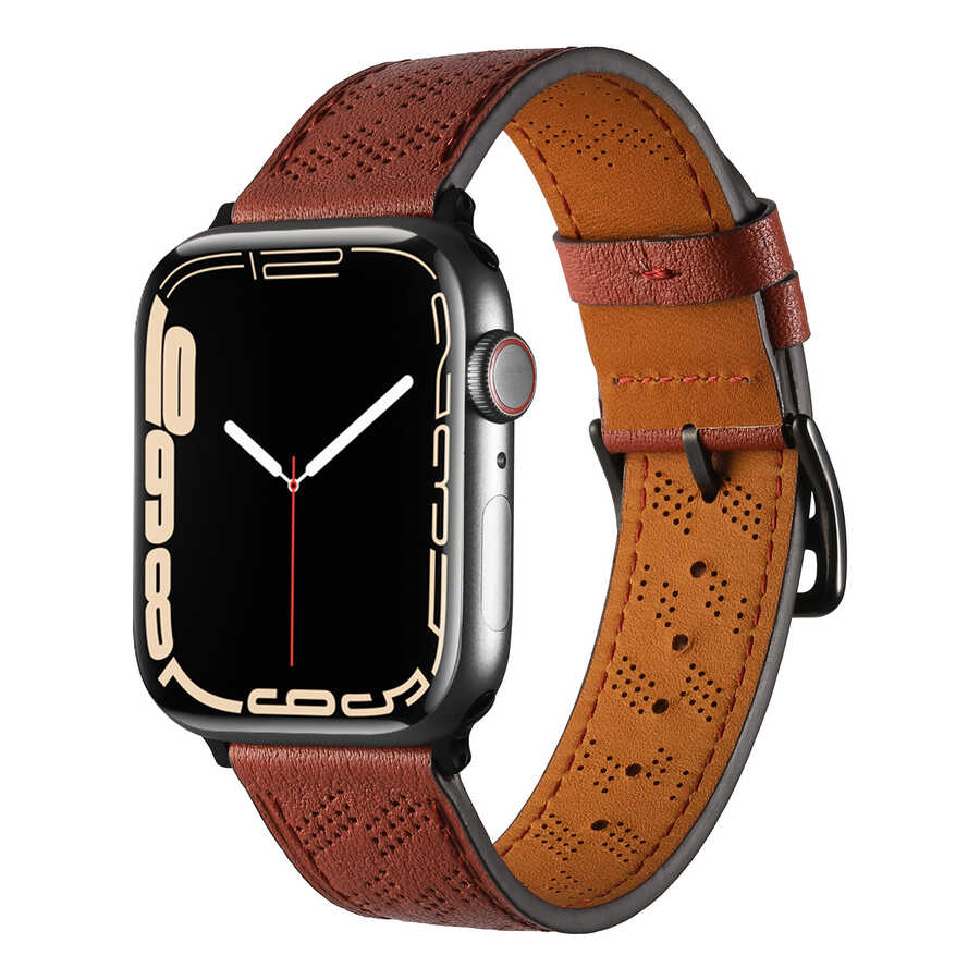 Apple Watch 7 45mm KRD-76 PU Deri Kordon Strap Kayış Kahverengi