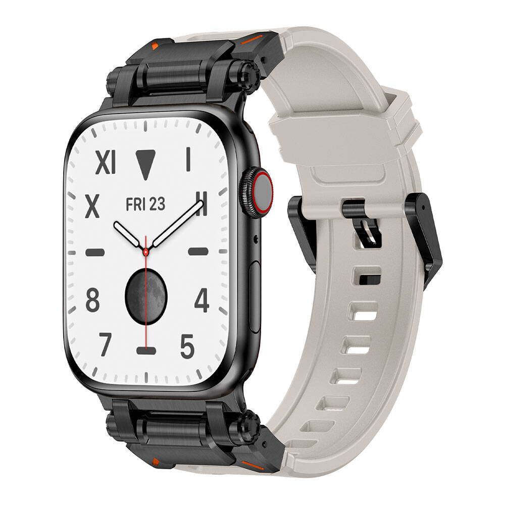 Apple Watch 7 45mm Zore KRD-101 Titanyum Metal Başlıklı Silikon Kordon Siyah-Starlight