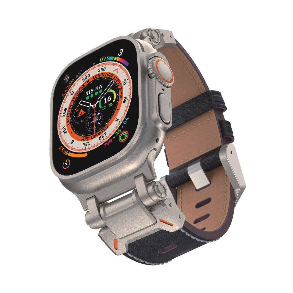 Apple Watch 7 45mm Zore KRD-114 Metal Başlıklı Suni Deri Kordon Koyu Kahve