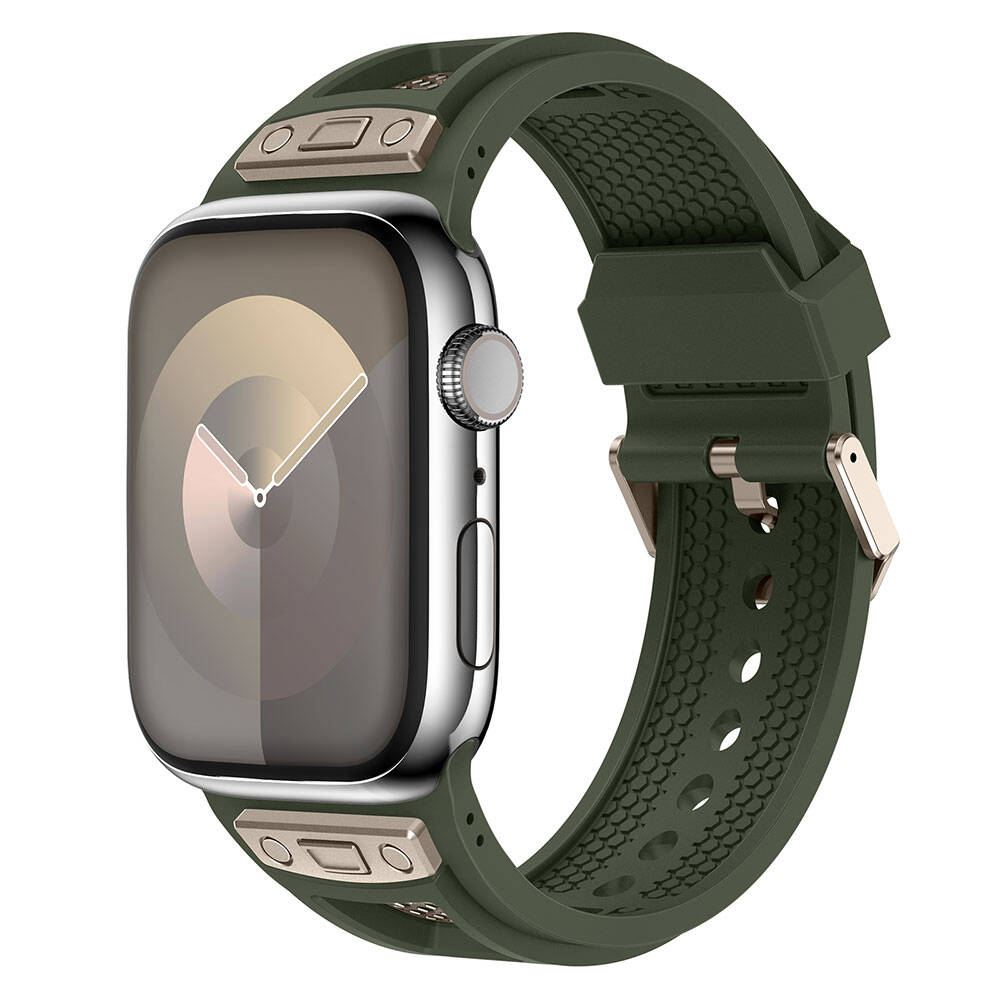 Apple Watch 7 45mm Zore KRD-117 Hava Alabilen Delikli Metal Süslemeli Desenli Silikon Kordon Titanyum-Turuncu