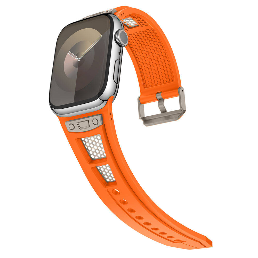 Apple Watch 7 45mm Zore KRD-117 Hava Alabilen Delikli Metal Süslemeli Desenli Silikon Kordon Titanyum-Yeşil