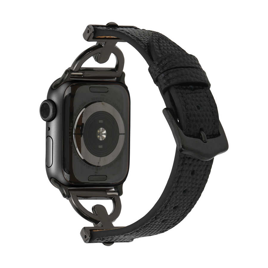 Apple Watch Ultra 49mm Kordon KRD-53 Deri Strap Kayış Siyah-Gold