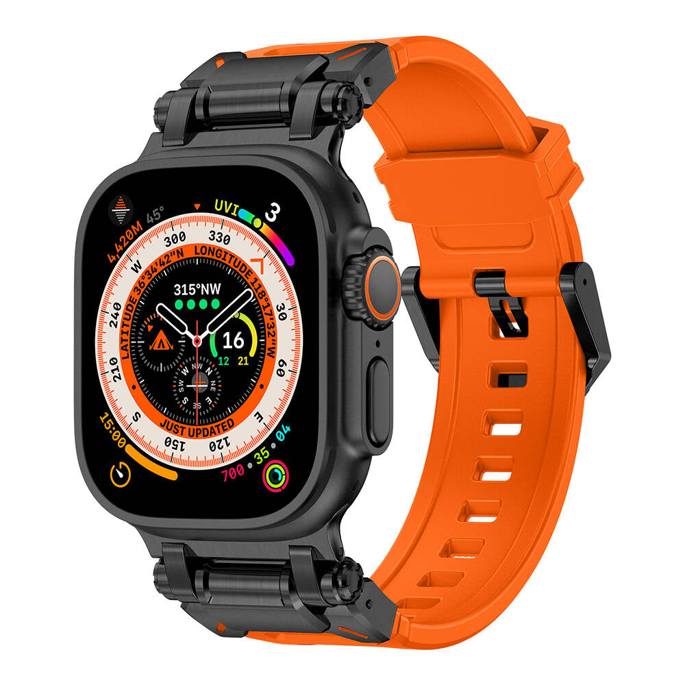 Apple Watch Ultra 49mm Zore KRD-101 Titanyum Metal Başlıklı Silikon Kordon Siyah-Turuncu